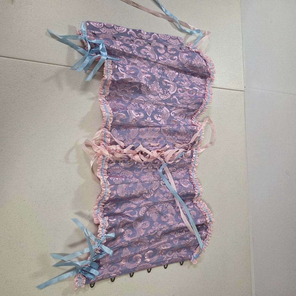 Pink Purple Floral Brocade Lace Up Corset Top Ruffle Trim Size Small